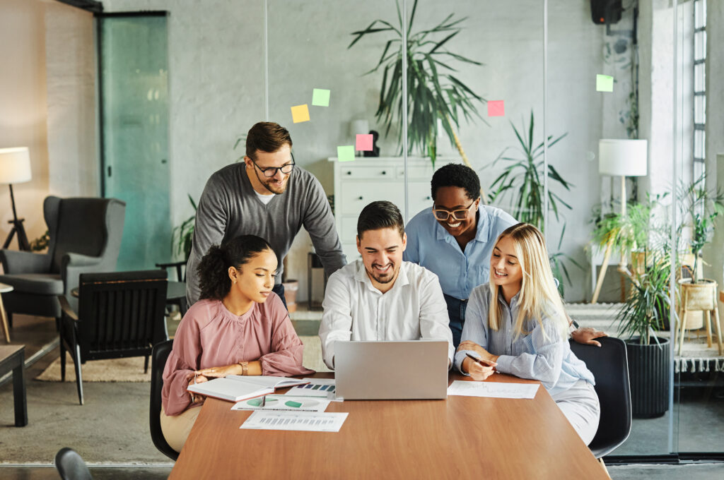 young business people meeting office teamwork group laptop presentation seminar startup creative training businessman leader student education teaching coach brainstorming computer technology